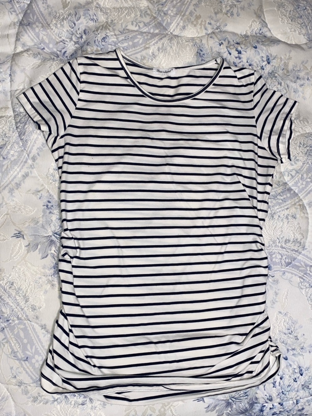 Bearsland Maternity Tee with Stripes- Short Sleeve Women's Top with side ruching